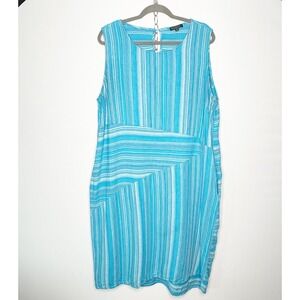 For Cynthia Woman 2X Blue Striped Linen Blend Shift Dress Keyhole Back Pockets
